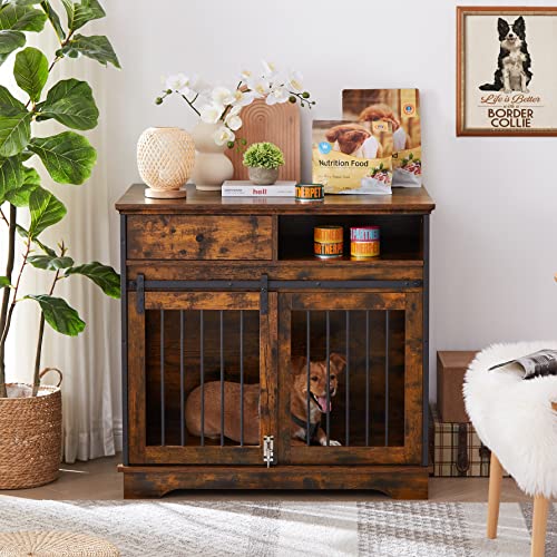 Brown Wood Dog Crate Furniture with Sliding Barn Door F511