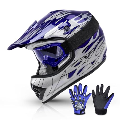 Blue Skull Design Youth Kids Motorcycle Helmet with Goggles Gloves M63737