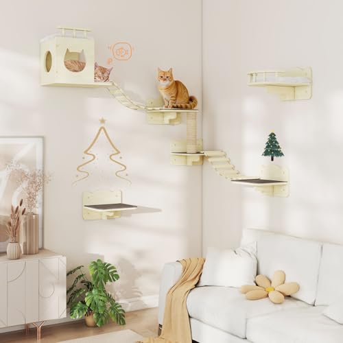 Wooden Wall-Mounted Cat Shelves with Scratching Post O719081
