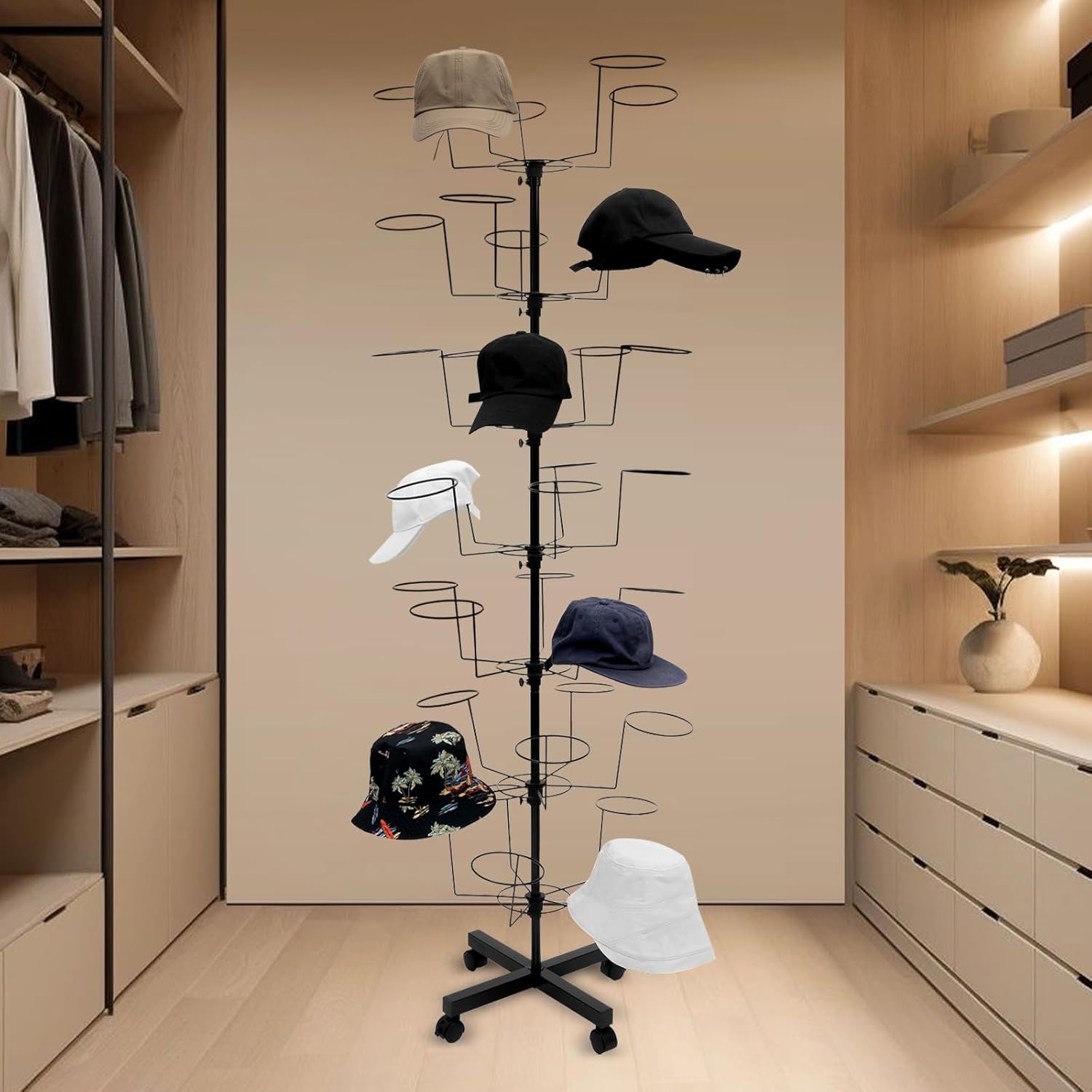 7 Tier Rotating Hat Display Stand with 4 Wheels, Adjustable Metal Hat Stand, 35 Metal Hooks, Black P438591