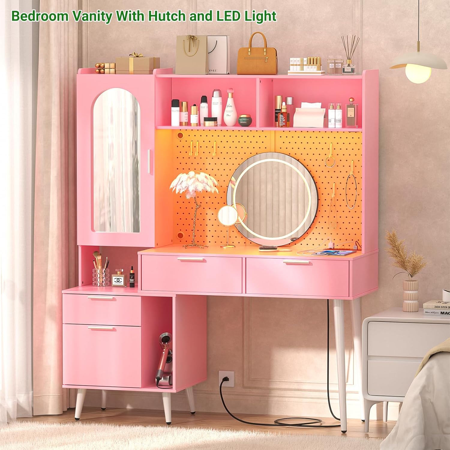48 Inch Pink Vanity Desk with Mirror, LED Light, Charging Station, Drawers, Cabinet, Pegboard, Shelves, Storage Hutch A1405