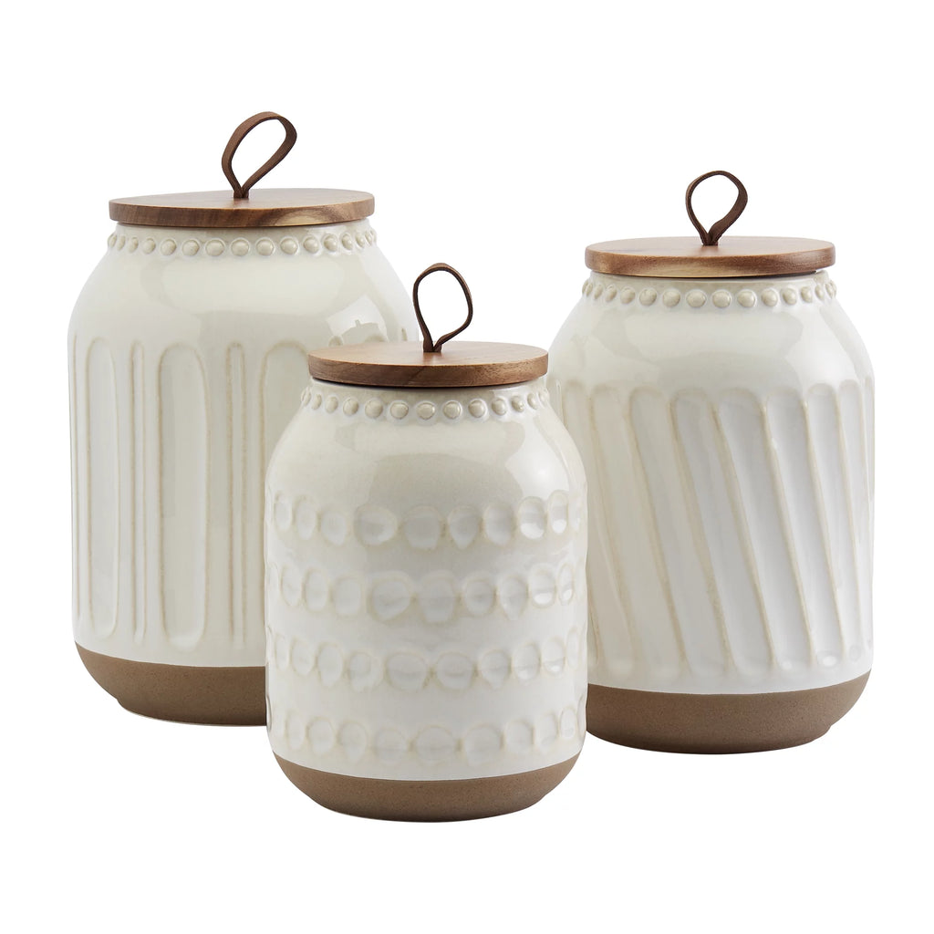 3 Piece White Stoneware Canister Set with Wood Lids I165295