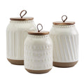 3 Piece White Stoneware Canister Set with Wood Lids I165295