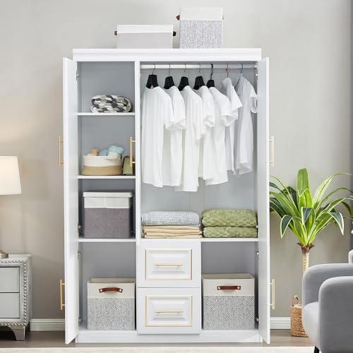 White Wood Storage Closet with Doors and Hanging Rod I83823