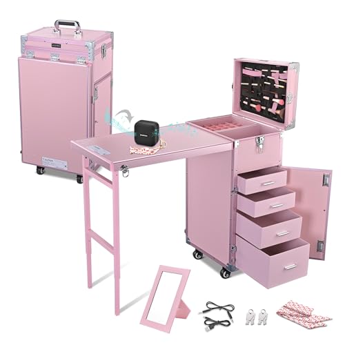 Pink Foldable Rolling Manicure Table with 4 Drawers T5849