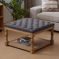 33-inch Large Square Ottoman Coffee Table with Storage Shelf and Solid Wood Legs Button Tufted Upholstered Linen Ottoman Stool (Beige) F1826