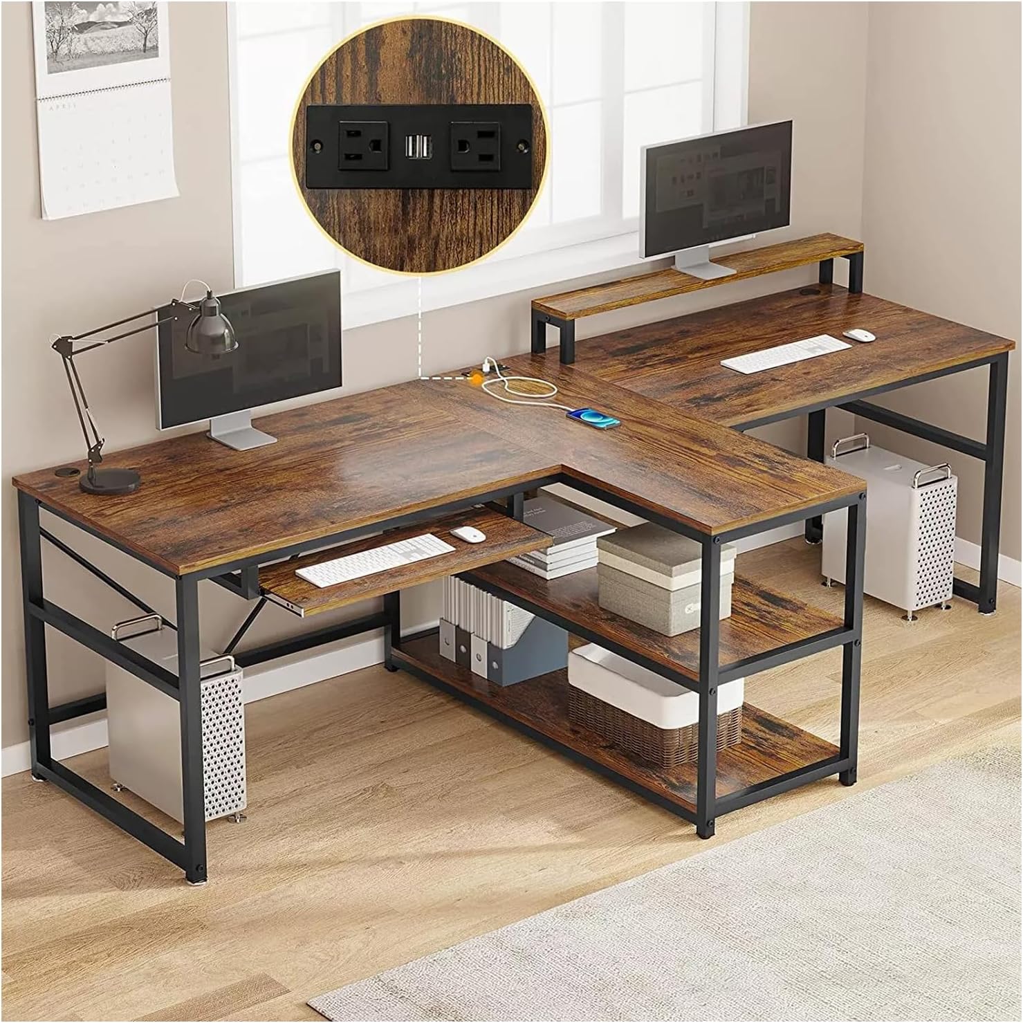 Brown 95 Inches Extra Long Double Desk Wood G406404