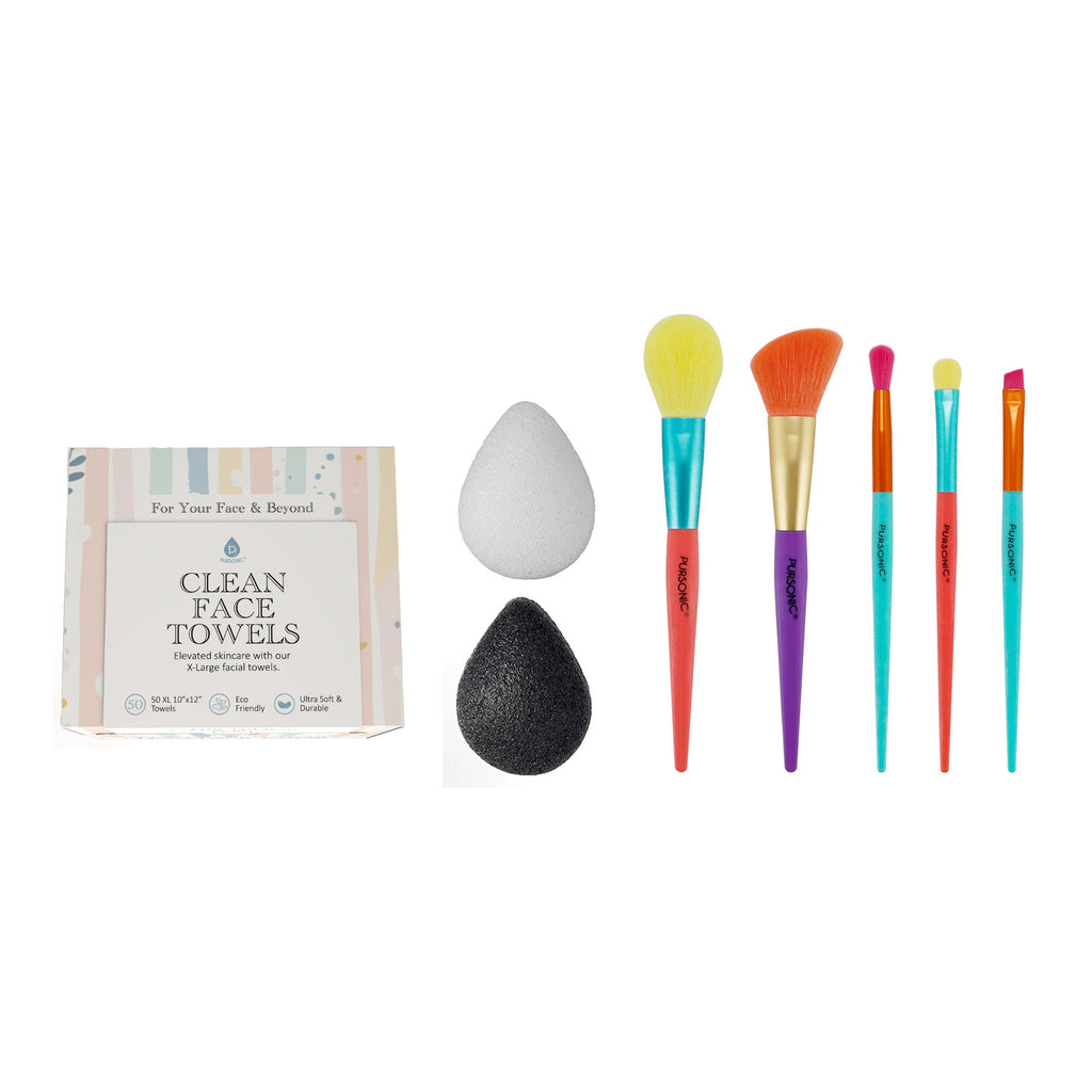 Flawless Skin & Makeup Prep Kit – Brush Set, XL Clean Face Towels & Konjac Sponge