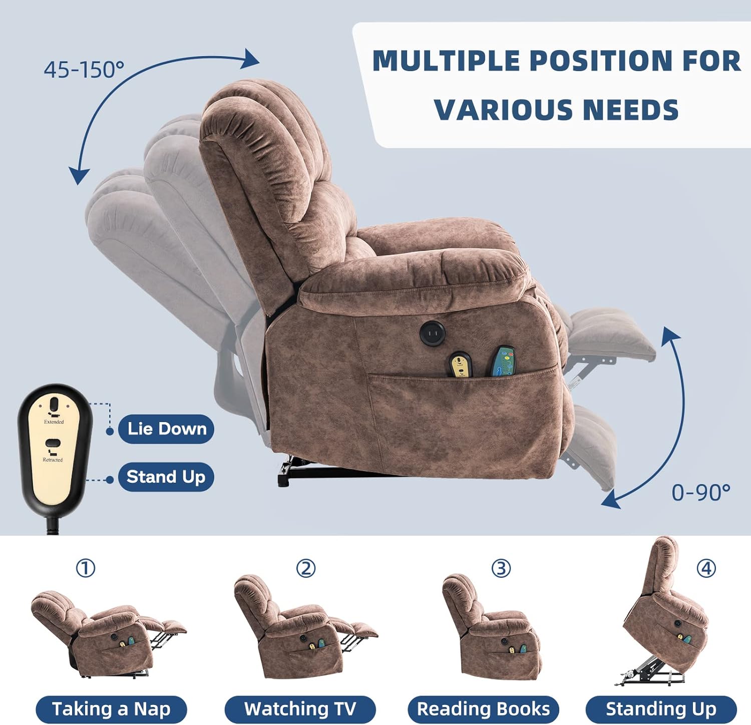 Large Electric Power Lift Recliner Chair, Heated Massage Motorized Reclining Sofa, Brown K129
