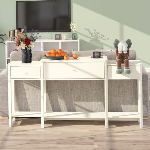 63" Console Table with Drawer, Marble Texture Top Sideboard with Open Bottom Shelf U354