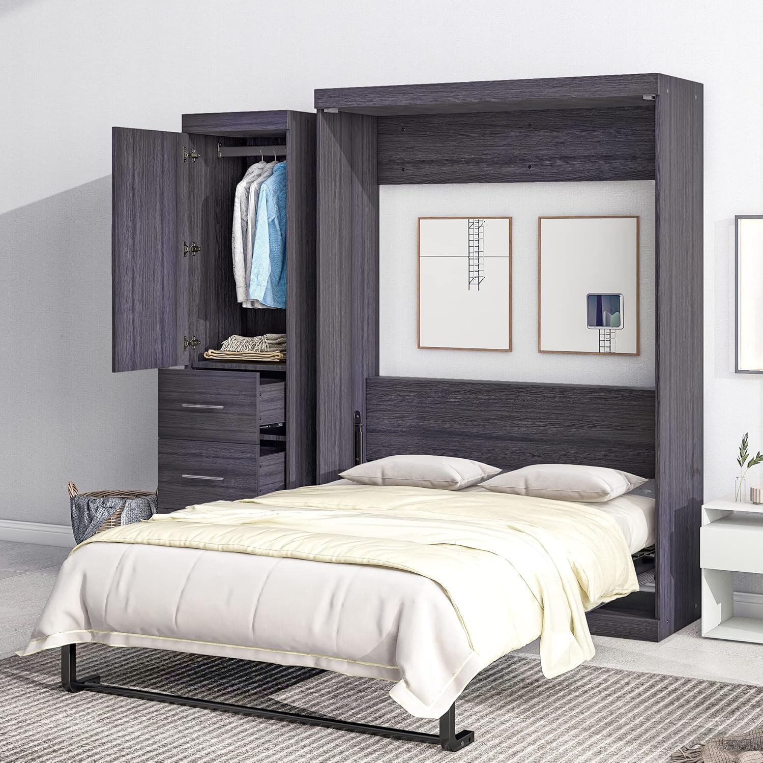 Gray Full Size Murphy Bed with Wardrobe and 3 Drawers T853257