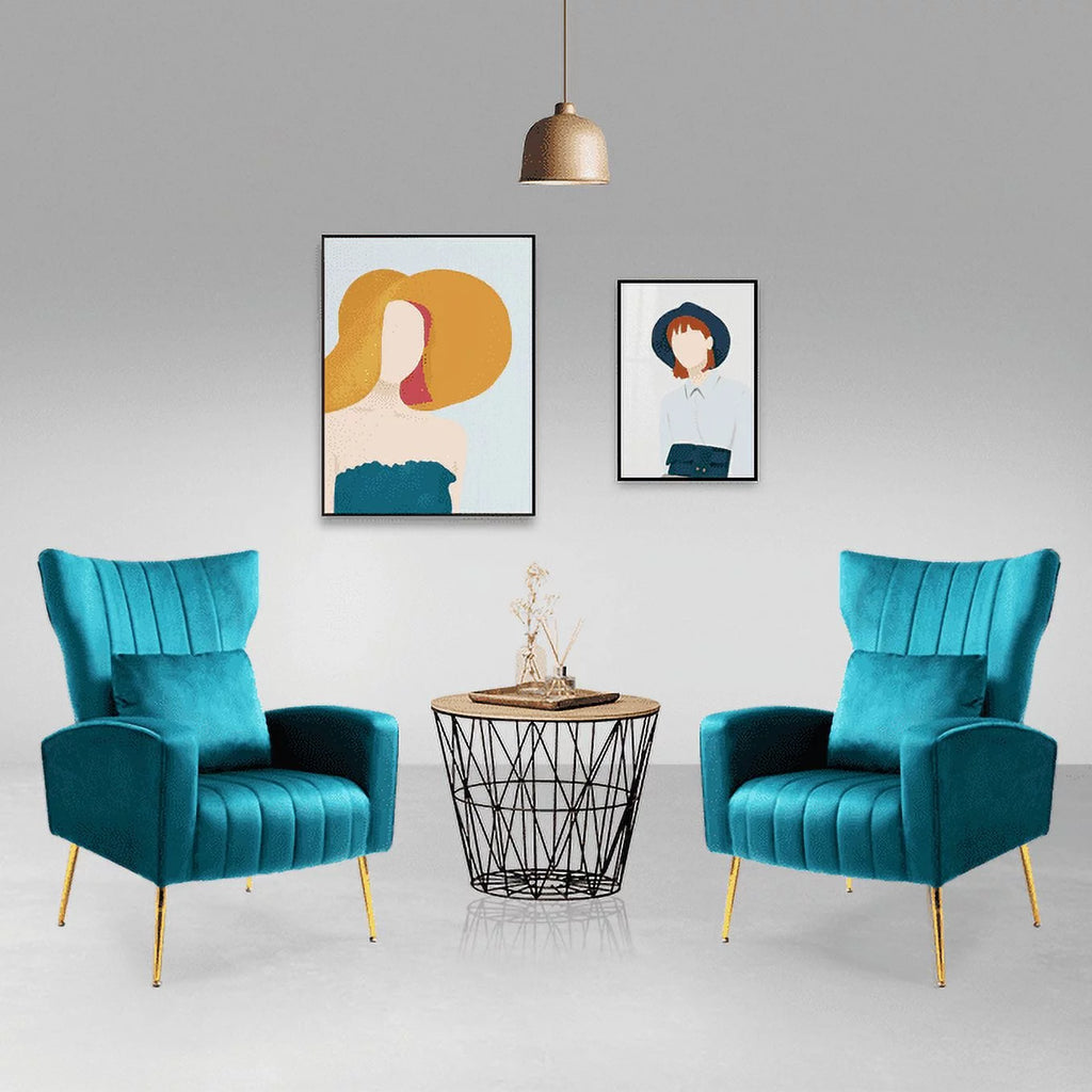 Blue Teal Velvet Accent Chair Set of 2 with Lumbar Pillow K6837