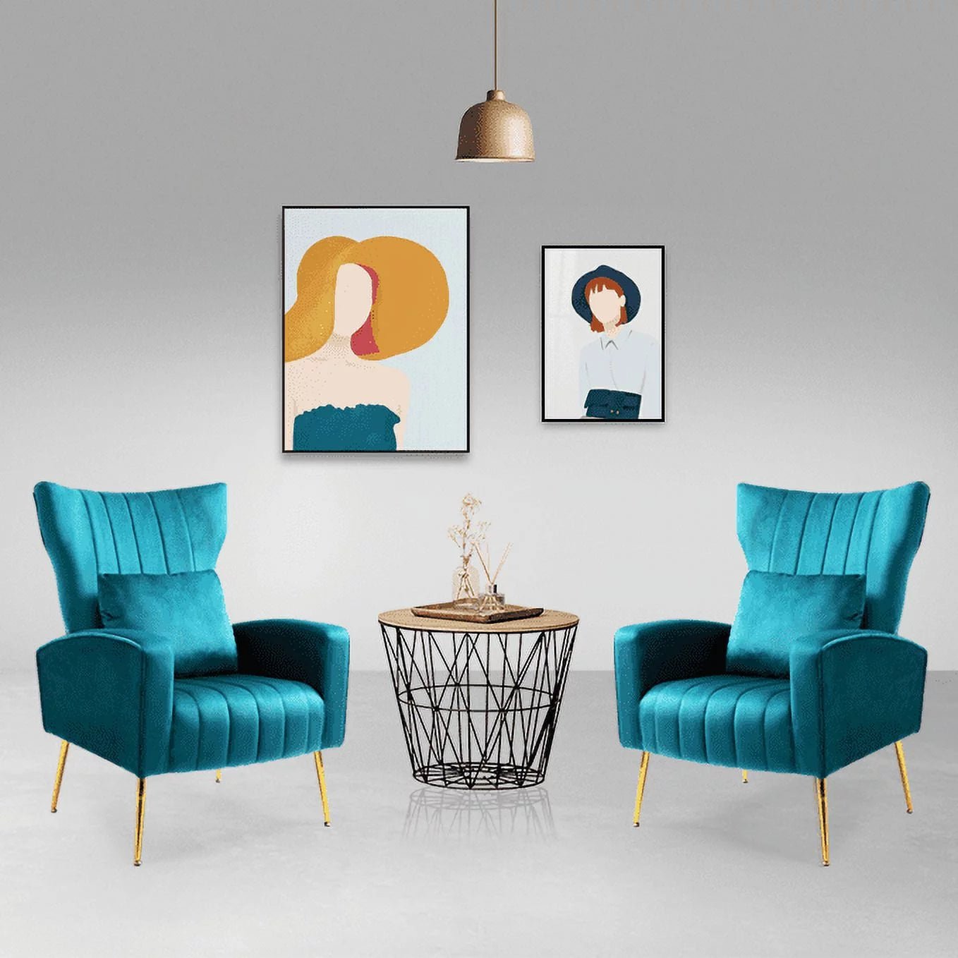 Blue Teal Velvet Accent Chair Set of 2 with Lumbar Pillow K6837
