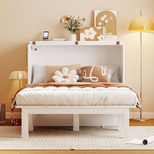 Full Size Murphy Bed with Desk, USB Port, and Shelves, White Wood Frame J83739
