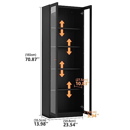 Black Metal 2 Door Glass Curio Cabinet with Adjustable Shelves 5 Tier Bookcase F79649