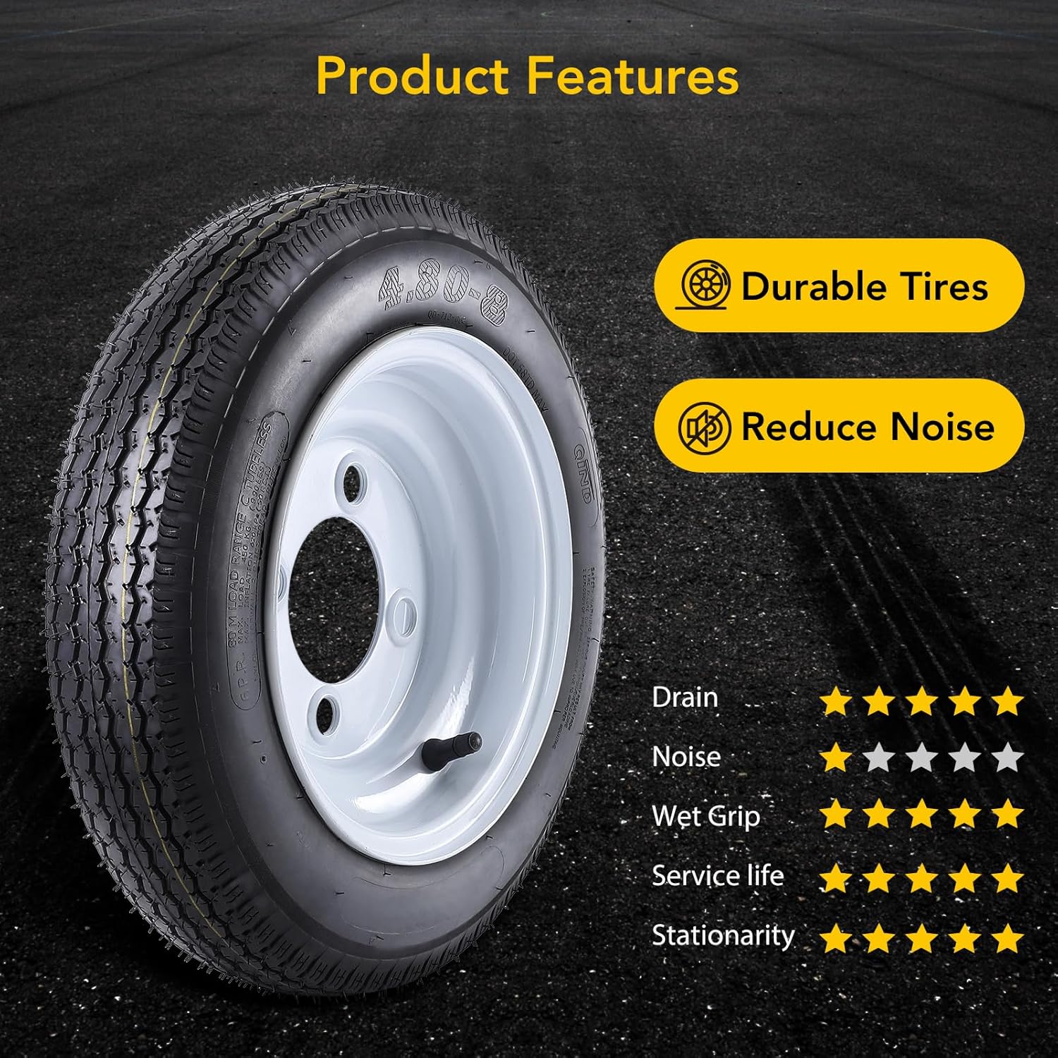 4.80-8 Trailer Tires with 8'' Rims, 4 Lug on 4'', Load Range C, 6PR F625894