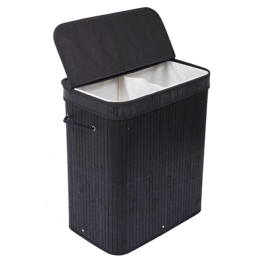 Black Bamboo Double Laundry Hamper with Lid and Cloth Liner N313789