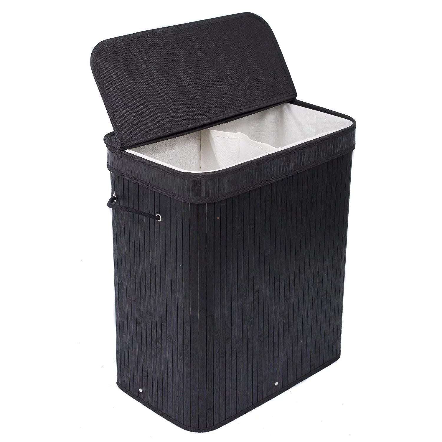 Black Bamboo Double Laundry Hamper with Lid and Cloth Liner N313789