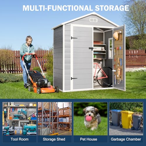 8x6x7 FT Resin Outdoor Storage Shed with Floor, Dove Grey Y6658