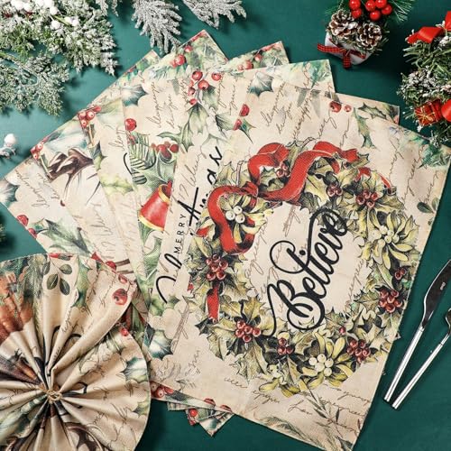 Christmas Placemats Set of 12, 12x18 Inch Linen Fabric Washable Table Mats P550311