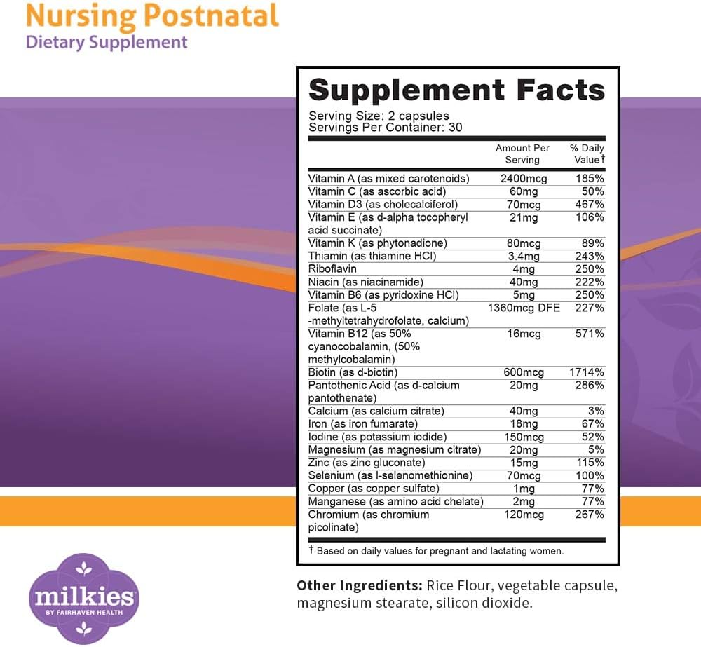 Nursing Postnatal Vegetarian Supplement with Vitamin D and B, Gluten and Dairy Free - 1 Month Supply V8619