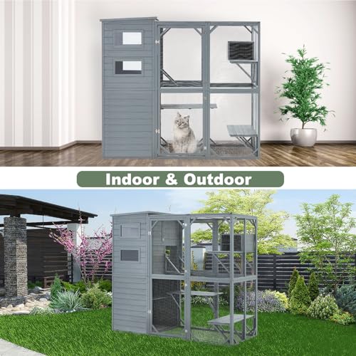 Large 4 Tiers Cat Enclosure with Weatherproof Roof, Grey Green K4460