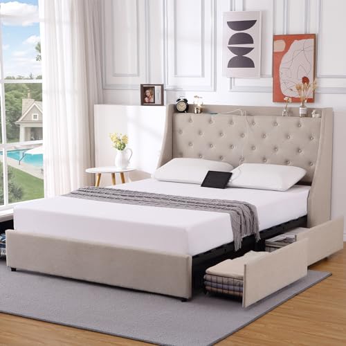 Full Size Upholstered Platform Bed with Button Tufted Storage Headboard and 4 Storage Drawers D33693