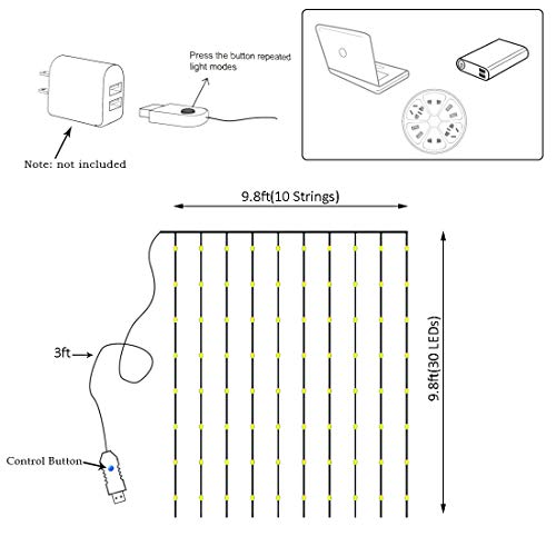 300 LED Curtain Christmas String Lights with Remote Control USB Power 8 Lighting Modes Red Lights 9.8ft x 9.8ft E59841