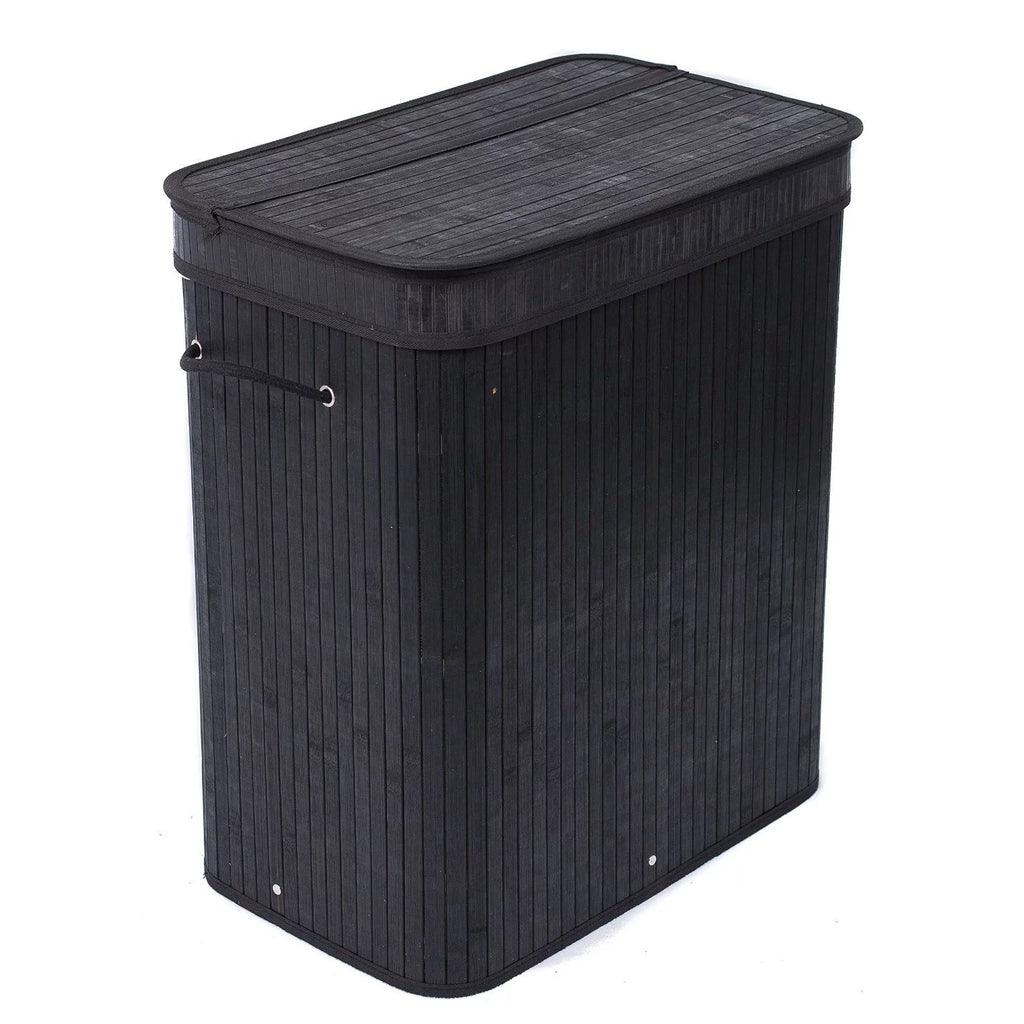 Black Bamboo Double Laundry Hamper with Lid and Cloth Liner N313789