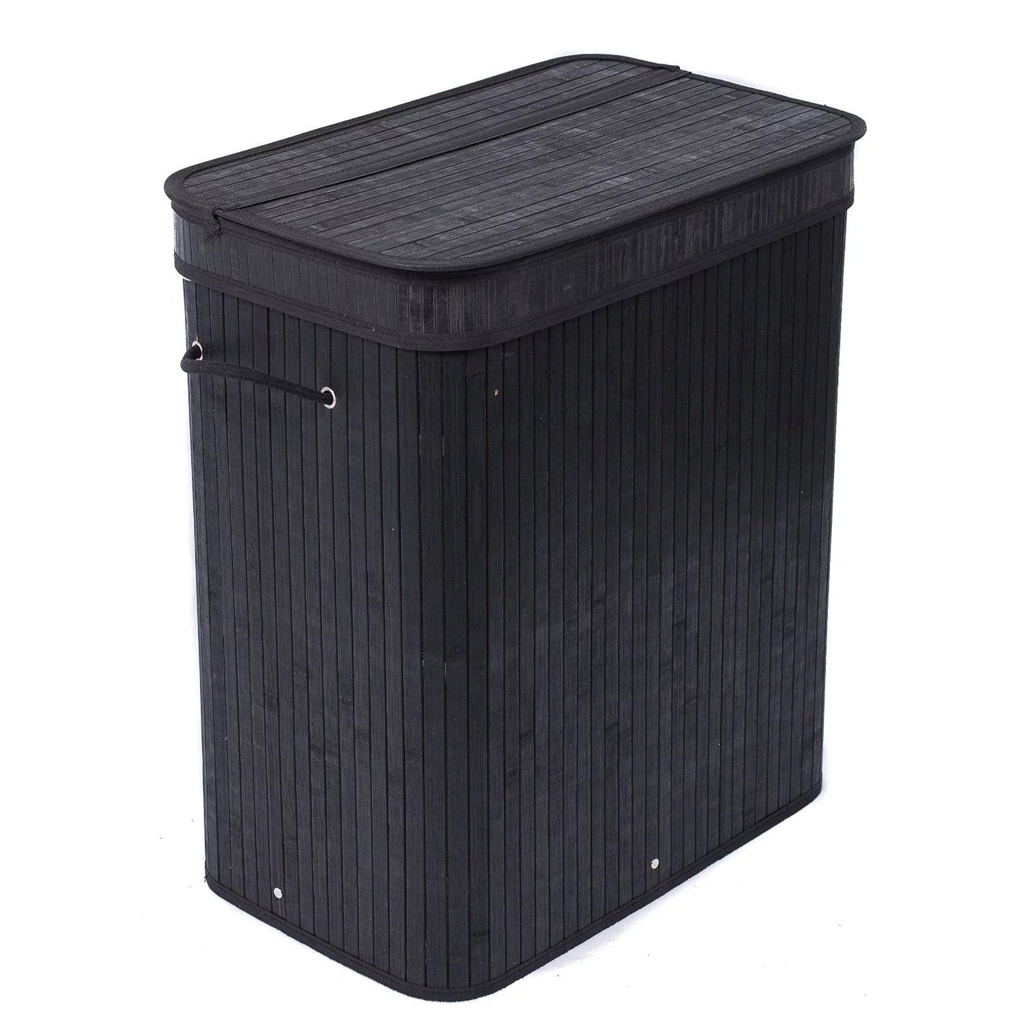 Black Bamboo Double Laundry Hamper with Lid and Cloth Liner N313789