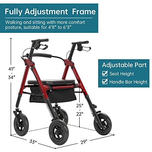 Heavy Duty All-Terrain Rollator Walker with Extra Wide Padded Seat and Backrest, 10" Non-Pneumatic Wheels, Red O17745