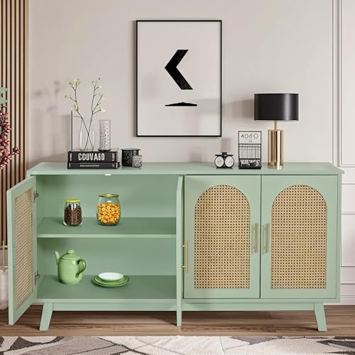Mint Green Sideboard Storage Cabinet with Rattan Decorated 4 Doors E30599