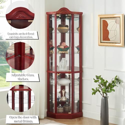 Cherry Glass Corner Curio Cabinet with 4 Adjustable Glass Shelves G400