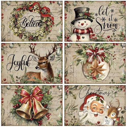 Christmas Placemats Set of 12, 12x18 Inch Linen Fabric Washable Table Mats P550311