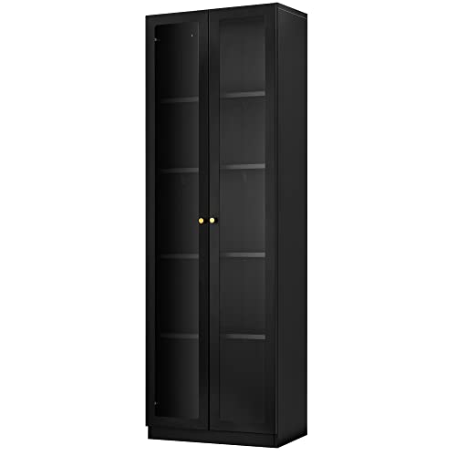 Black Metal 2 Door Glass Curio Cabinet with Adjustable Shelves 5 Tier Bookcase F79649