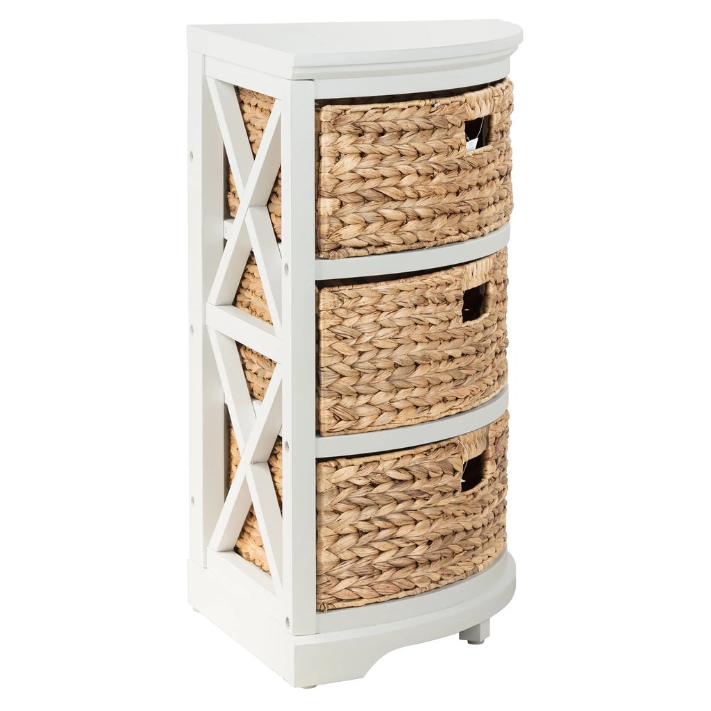 3 Tier Corner Storage Cabinet with 3 Natural Wicker Baskets, White R440