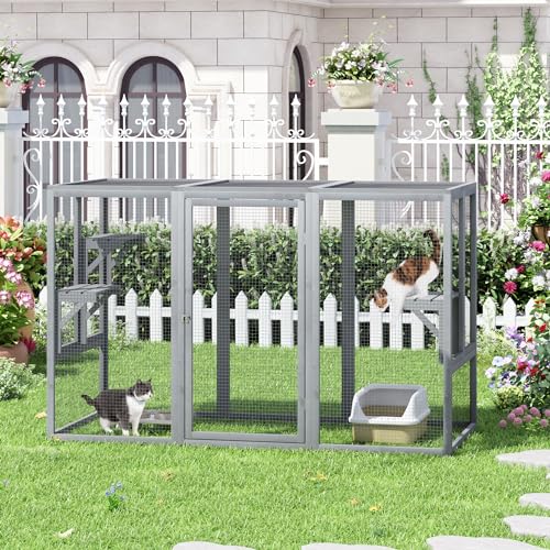 Grey Wooden Cat Cage with 3 Platforms and Litter Box M7863