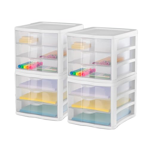 4-Pack 3 Drawer Plastic Desktop Organizer with Clear Drawers, White Frame J958