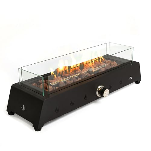 28" Tabletop Propane Gas Fire Pit with Glass Wind Guard & Lava Rock V27873