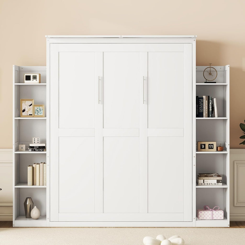 White Queen Size Wooden Murphy Bed with Shelves and LED Lights Z360166