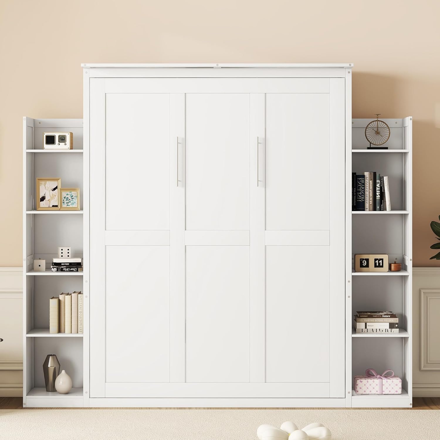 White Queen Size Wooden Murphy Bed with Shelves and LED Lights Z360166