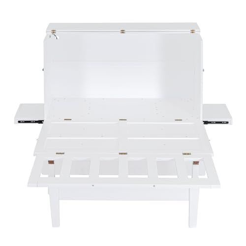 Full Size Murphy Bed with Desk, USB Port, and Shelves, White Wood Frame J83739