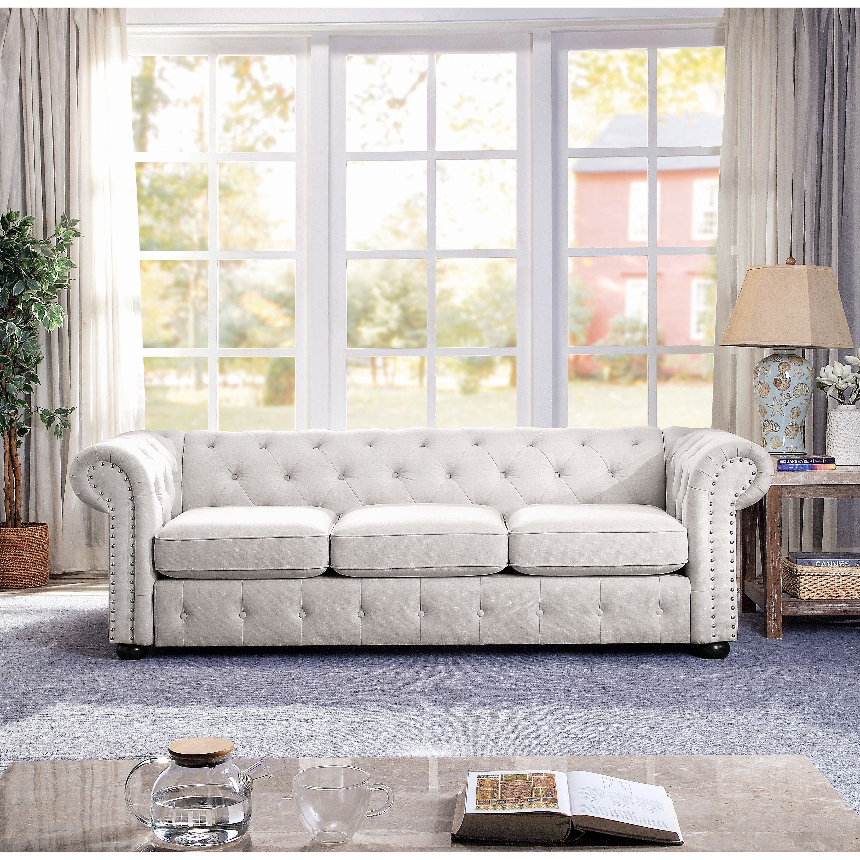 Light Grey 3-seater Tufted Sofa with Rolled Arms Y7095