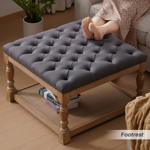 33-inch Large Square Ottoman Coffee Table with Storage Shelf and Solid Wood Legs Button Tufted Upholstered Linen Ottoman Stool (Beige) F1826