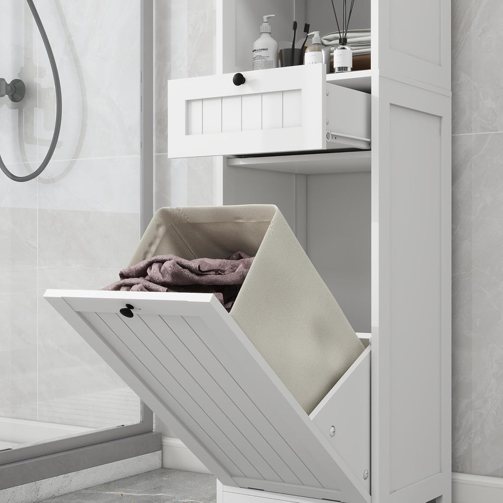 Compact Laundry Sorter Cabinet with Tilt-Out Basket Drawer White G8270