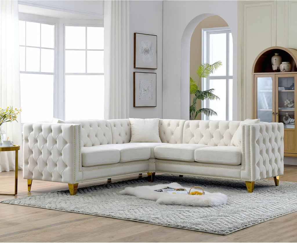 Beige Velvet L-Shaped Corner Sofa 5-Seater with 3 Cushions N6689