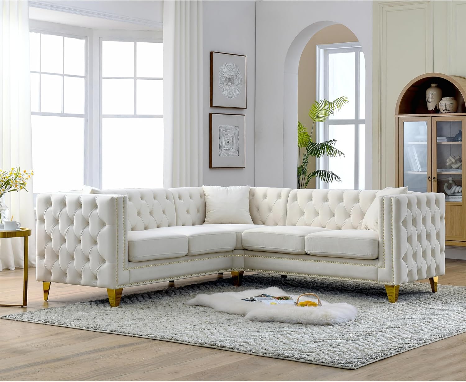Beige Velvet L-Shaped Corner Sofa 5-Seater with 3 Cushions N6689