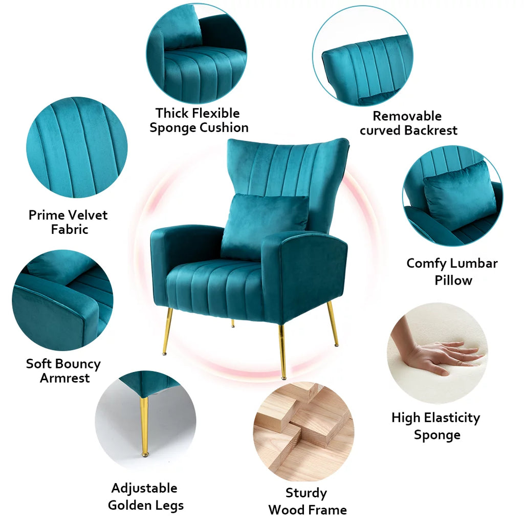Blue Teal Velvet Accent Chair Set of 2 with Lumbar Pillow K6837