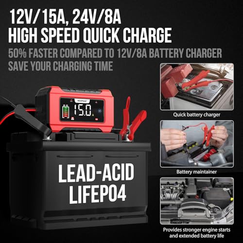 15-Amp 12V 24V Portable Car Battery Charger A395837