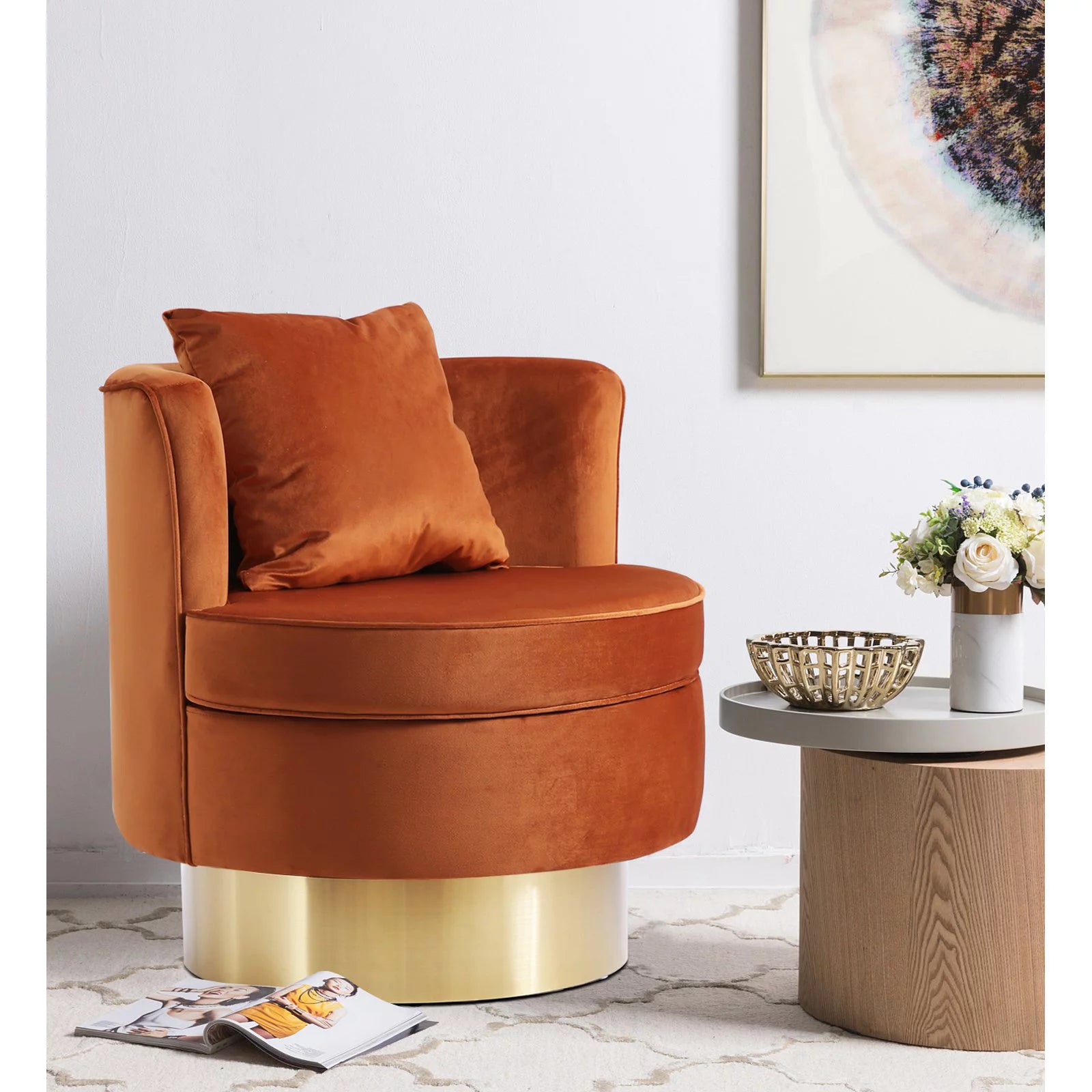 Cognac Velvet Swivel Accent Chair J168